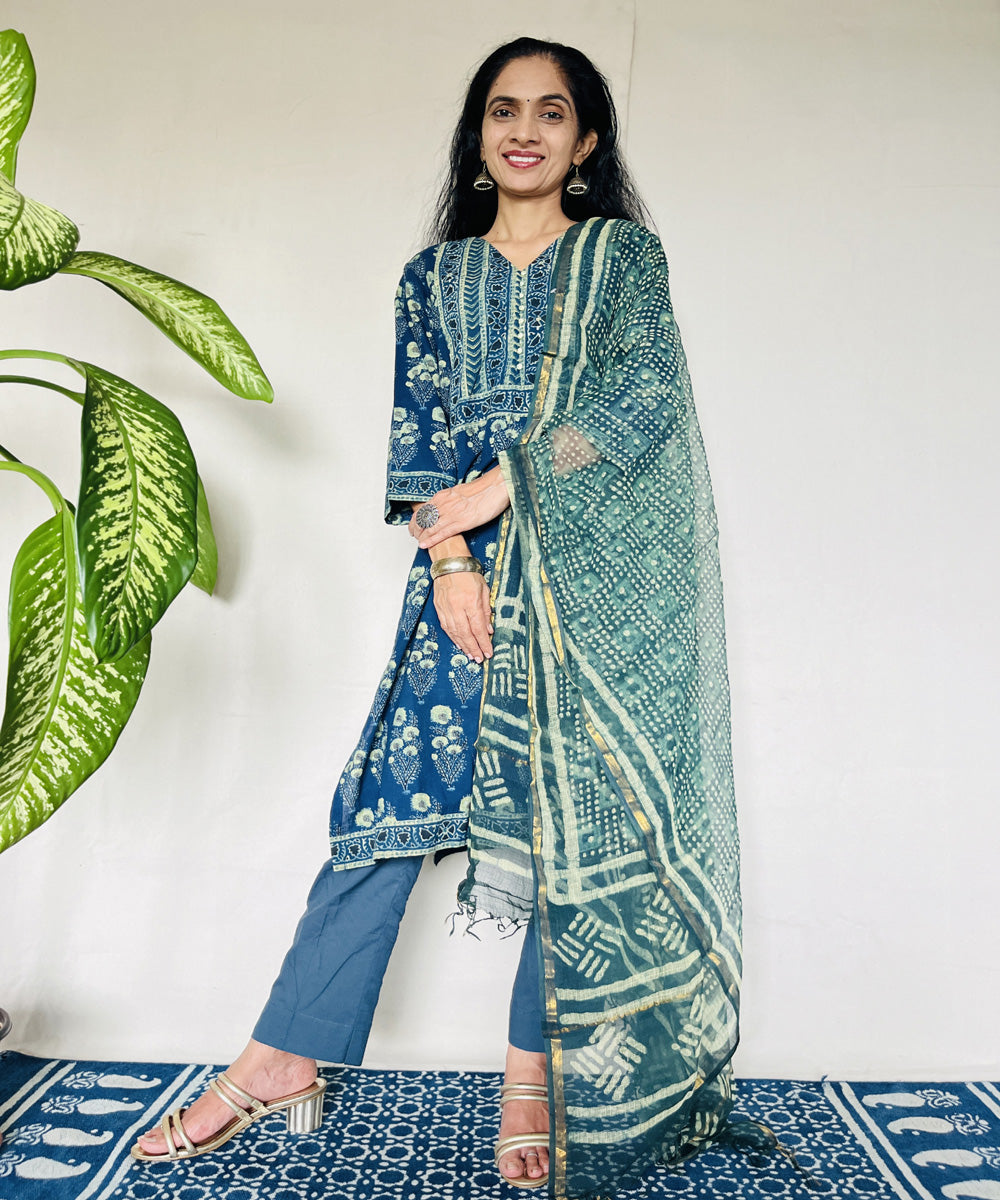 Teal green hand block printed ajrakh cotton kurti