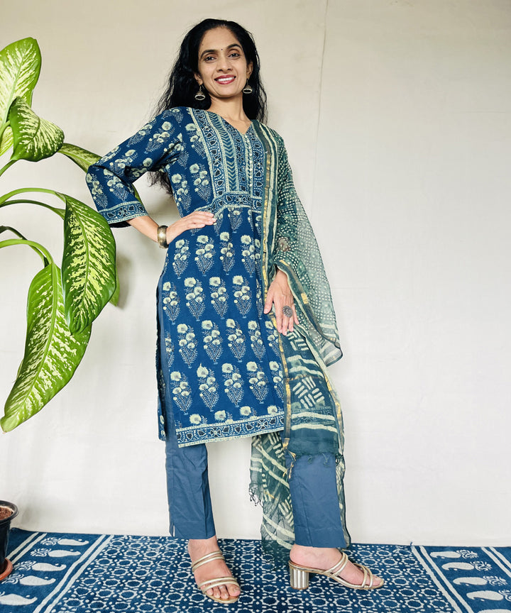 Teal green hand block printed ajrakh cotton kurti