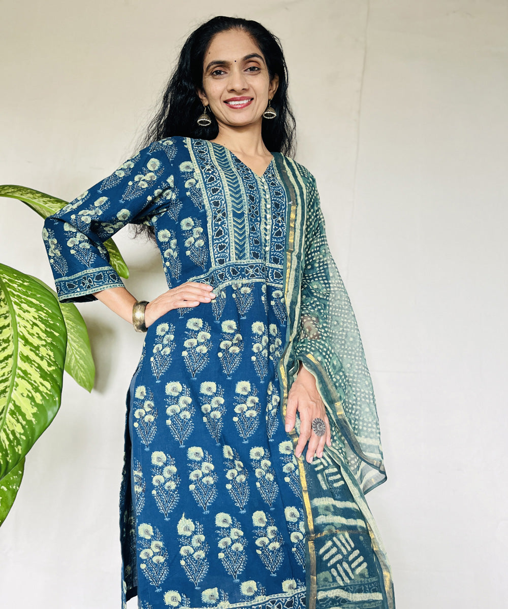 Teal green hand block printed ajrakh cotton kurti