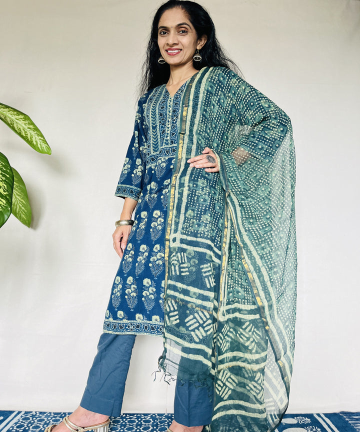 Teal green hand block printed ajrakh cotton kurti