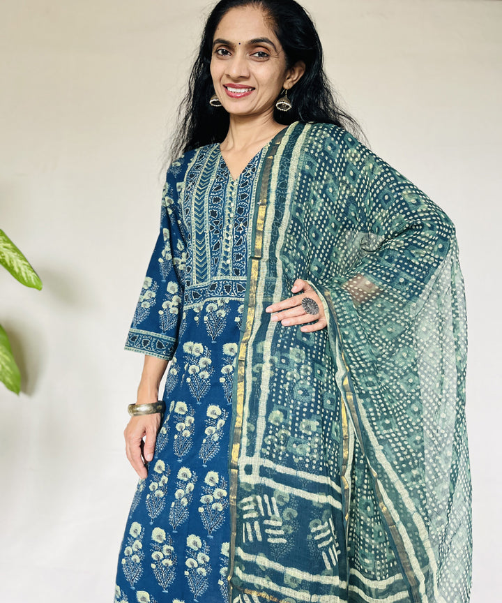 Teal green hand block printed ajrakh cotton kurti