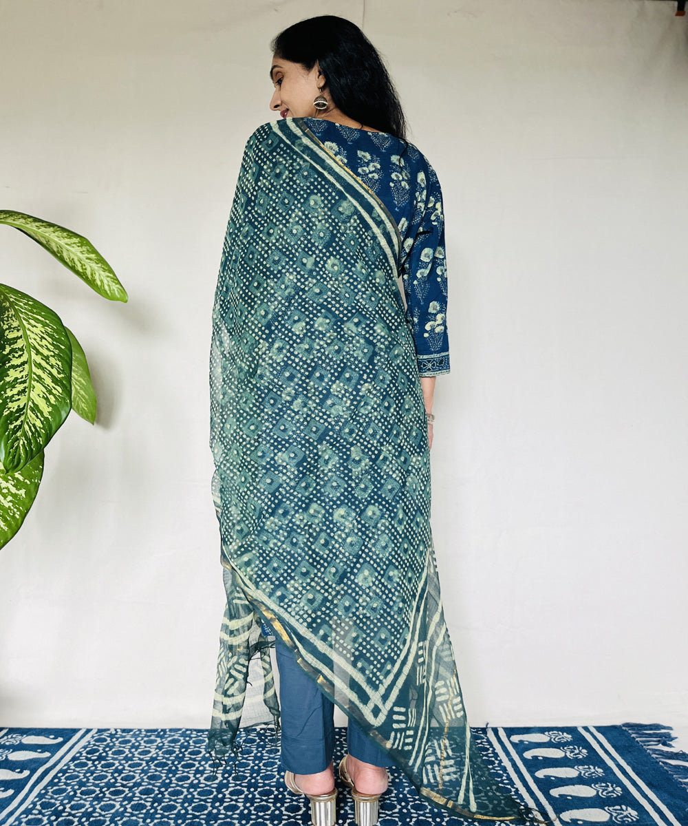 Teal green hand block printed ajrakh cotton kurti