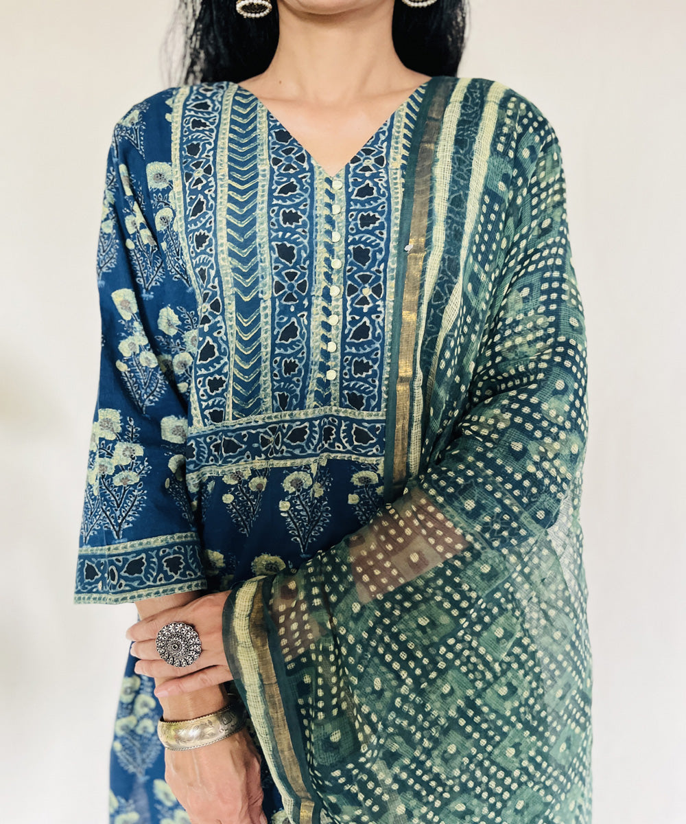 Teal green hand block printed ajrakh cotton kurti