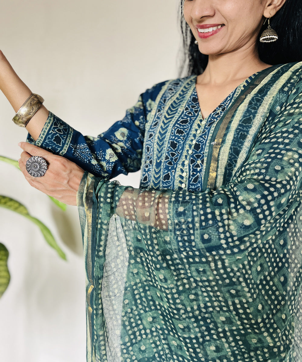 Teal green hand block printed ajrakh cotton kurti