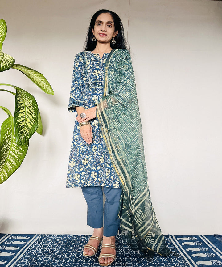 Teal green ajrakh hand block printed cotton kurti