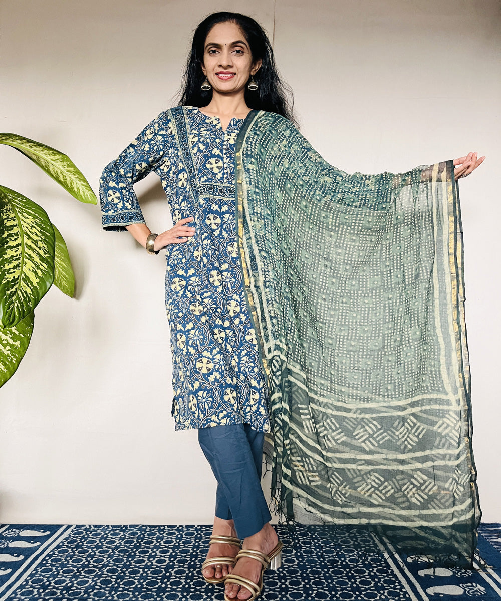 Teal green ajrakh hand block printed cotton kurti