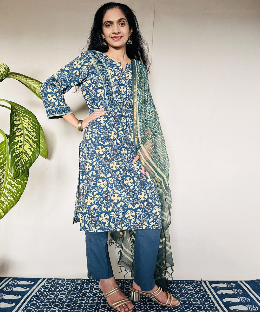 Teal green ajrakh hand block printed cotton kurti