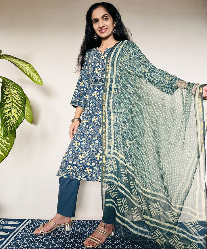 Teal green ajrakh hand block printed cotton kurti