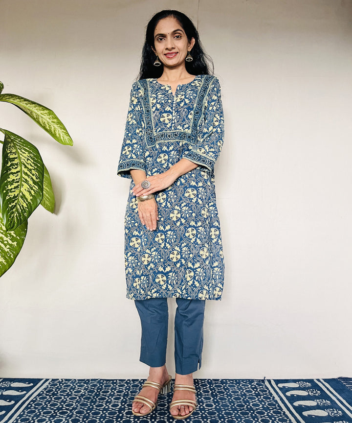 Teal green ajrakh hand block printed cotton kurti