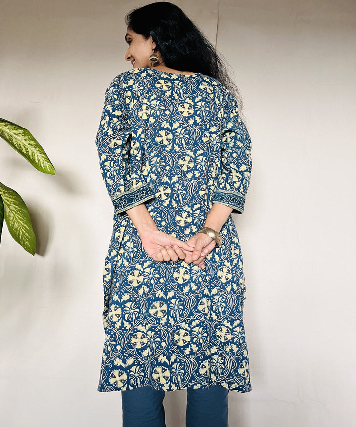 Teal green ajrakh hand block printed cotton kurti