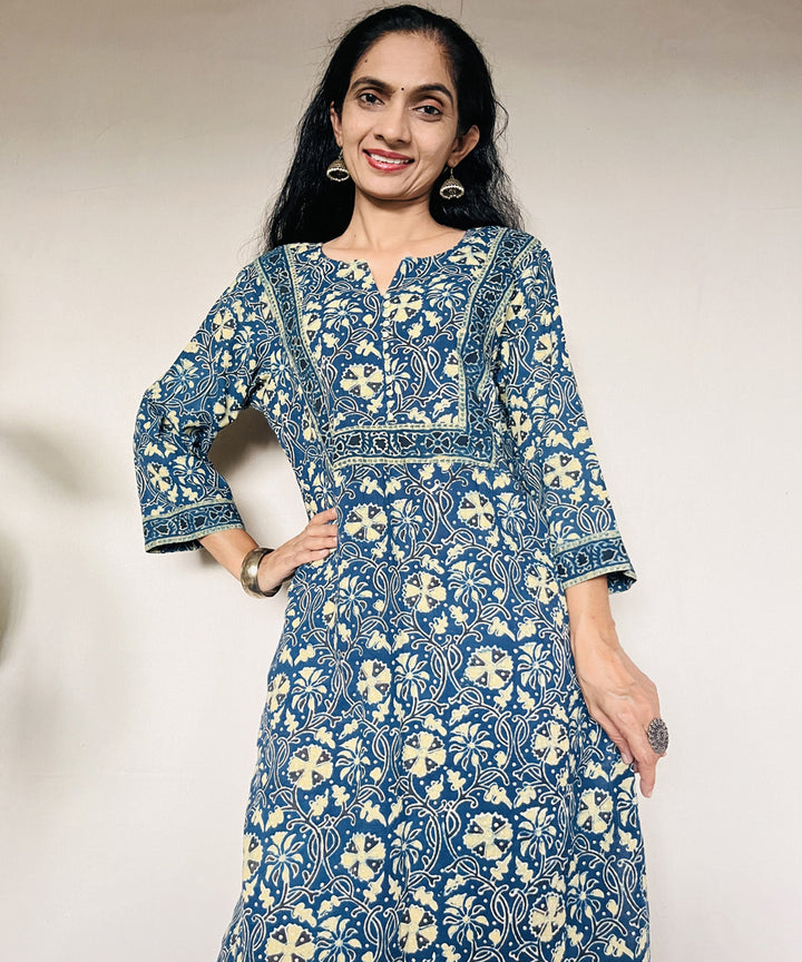 Teal green ajrakh hand block printed cotton kurti