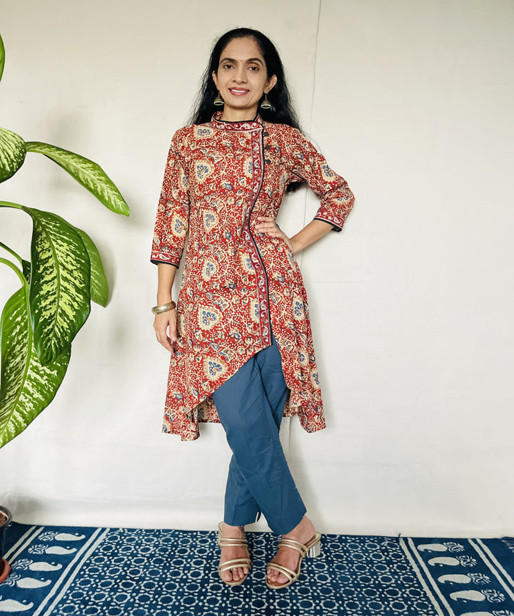 Red kalamkari hand block printed cotton kurti