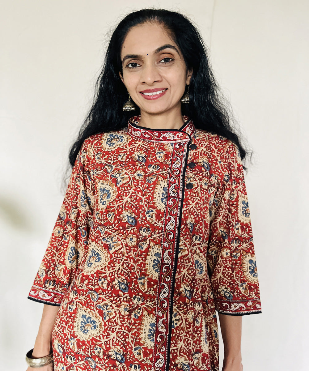 Red kalamkari hand block printed cotton kurti