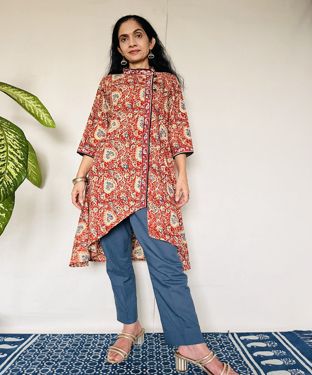 Red kalamkari hand block printed cotton kurti