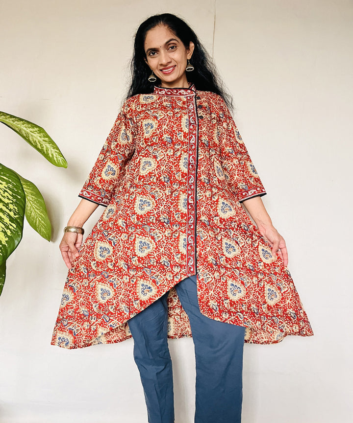 Red kalamkari hand block printed cotton kurti