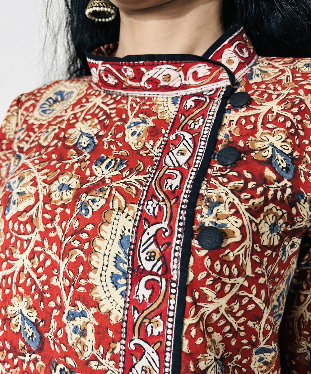 Red kalamkari hand block printed cotton kurti