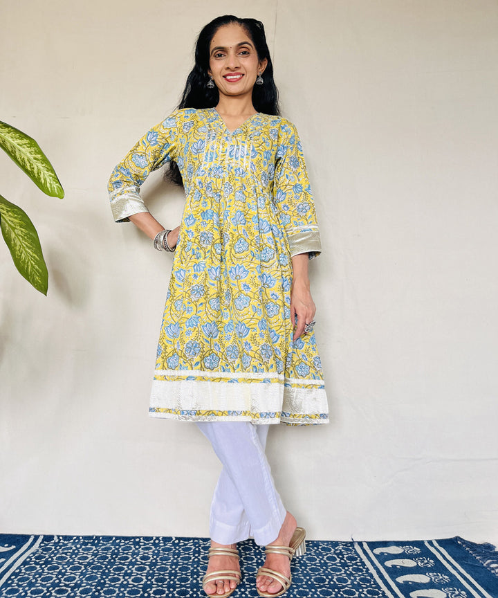 Yellow blue floral sanganeri hand block printed cotton kurti