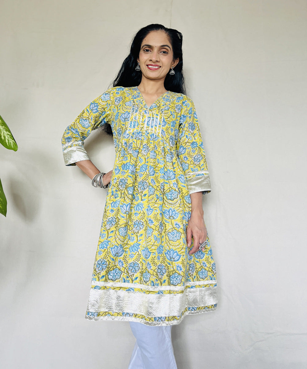 Yellow blue floral sanganeri hand block printed cotton kurti