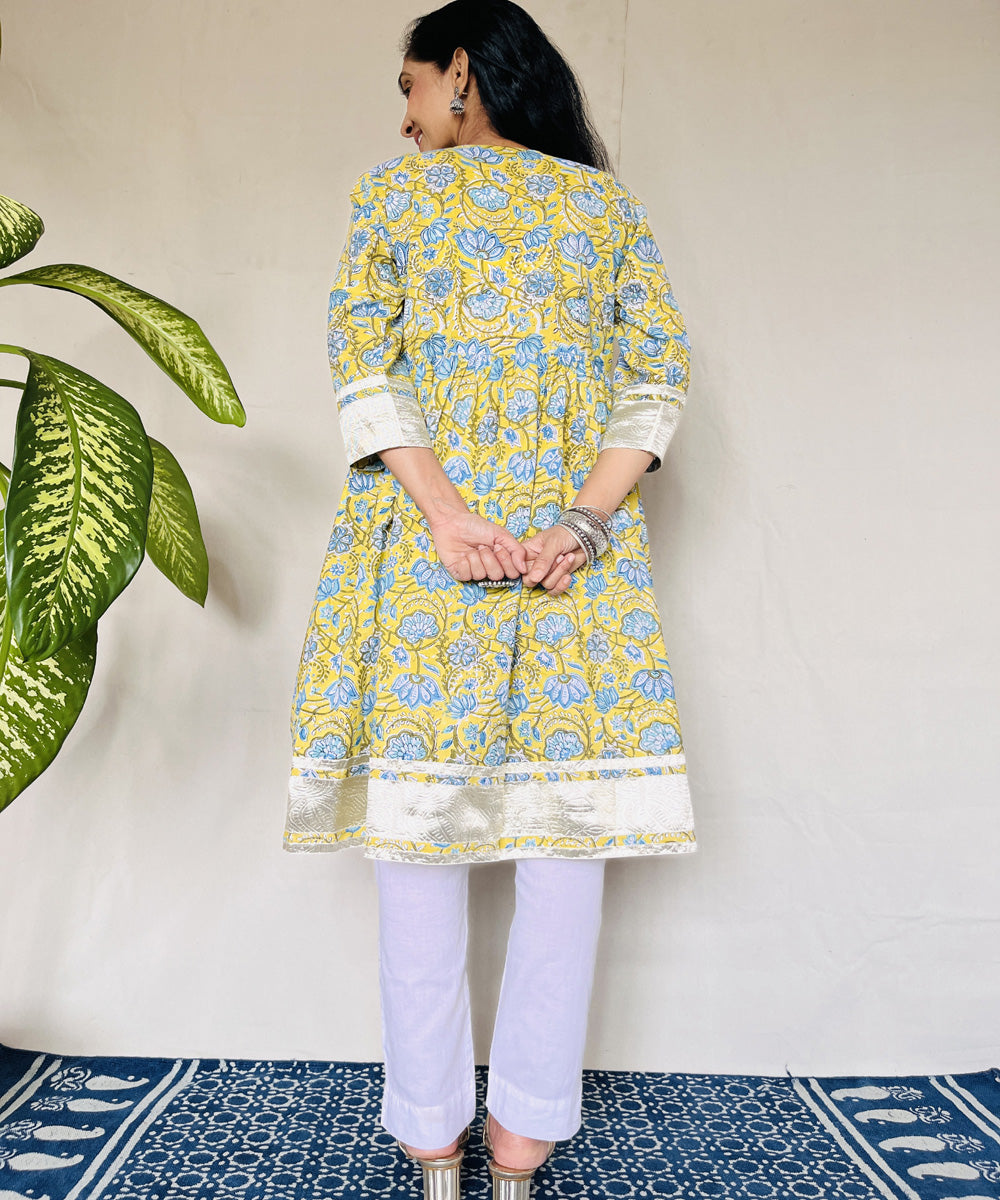 Yellow blue floral sanganeri hand block printed cotton kurti