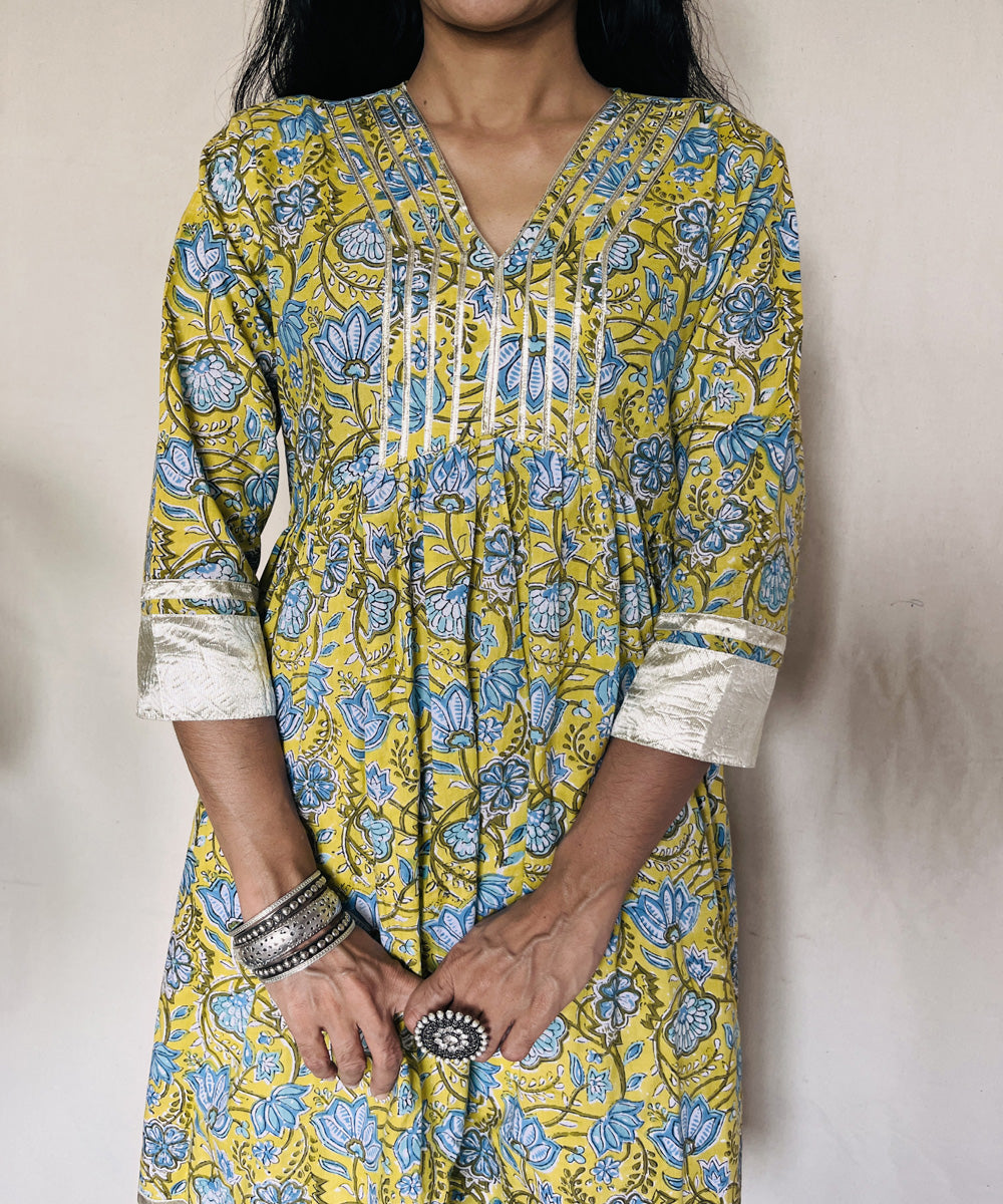 Yellow blue floral sanganeri hand block printed cotton kurti