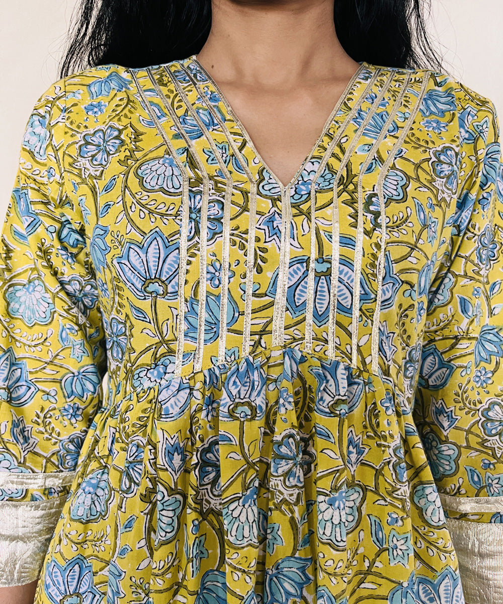 Yellow blue floral sanganeri hand block printed cotton kurti