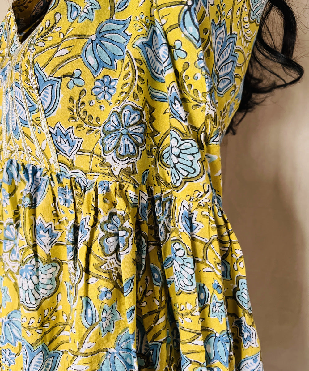 Yellow blue floral sanganeri hand block printed cotton kurti