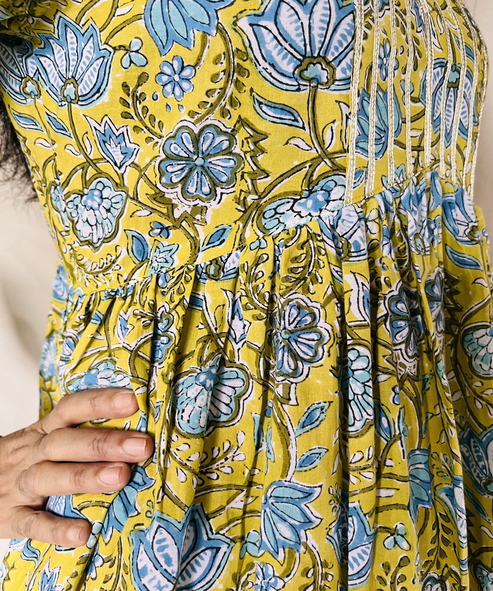 Yellow blue floral sanganeri hand block printed cotton kurti