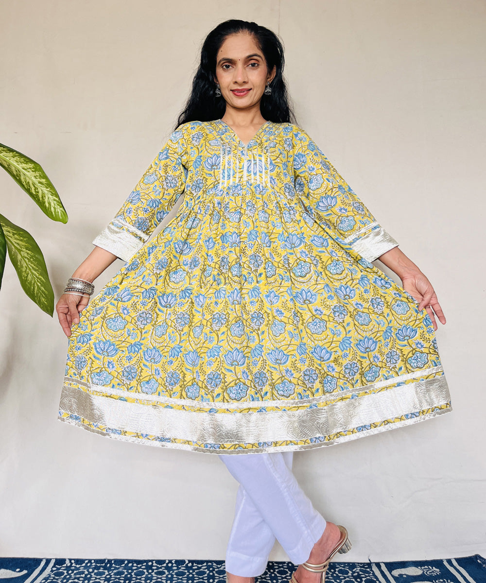 Yellow blue floral sanganeri hand block printed cotton kurti