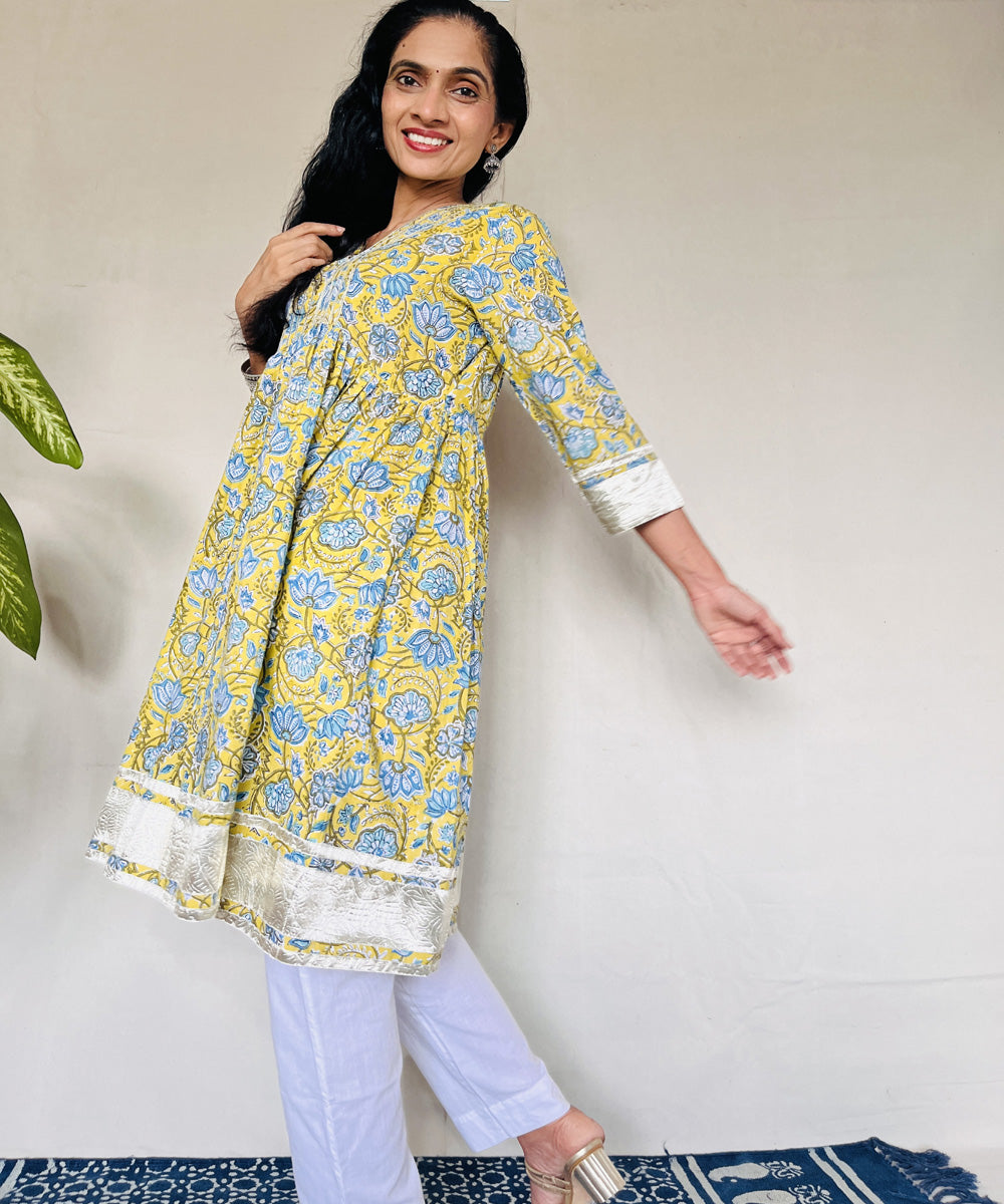 Yellow blue floral sanganeri hand block printed cotton kurti