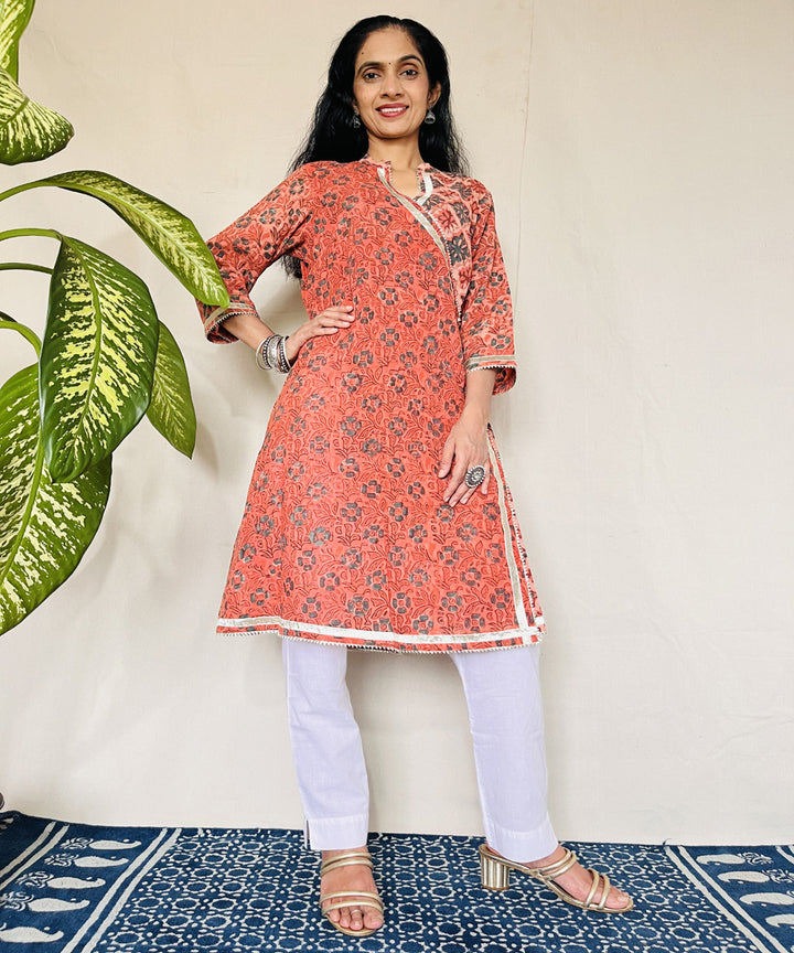 Rust ajrakh dabo hand block printed cotton kurti