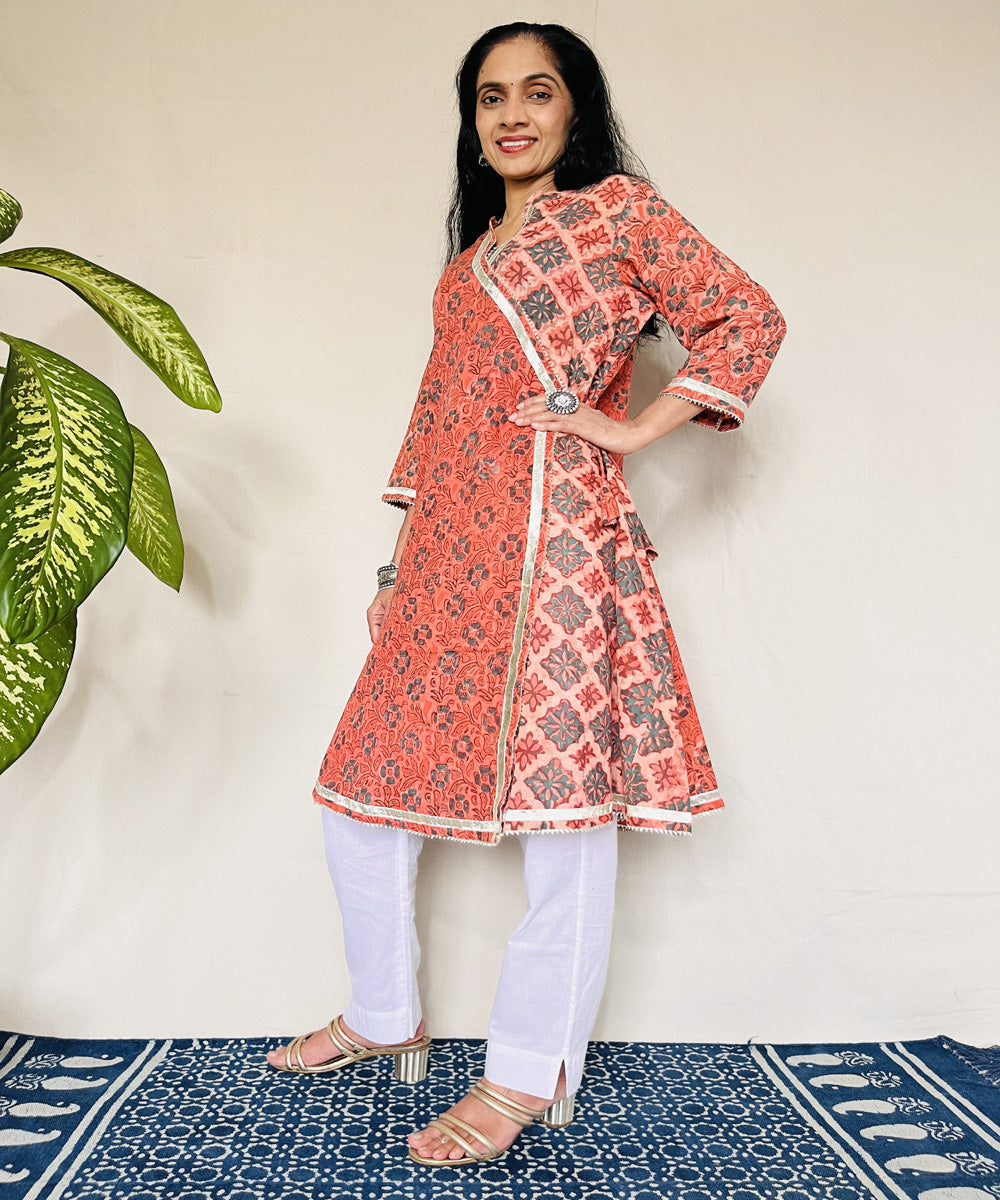 Rust ajrakh dabo hand block printed cotton kurti