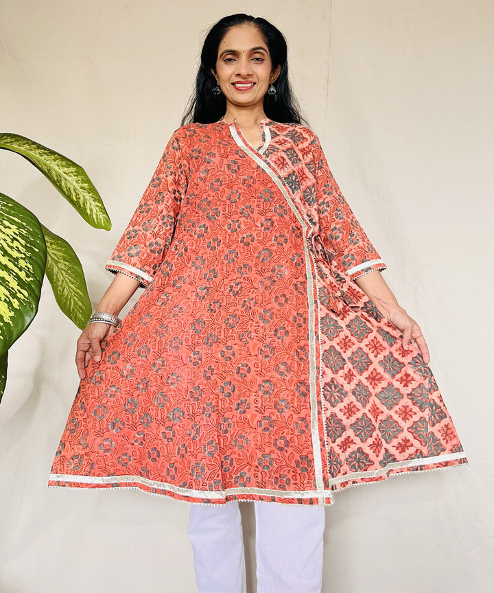 Rust ajrakh dabo hand block printed cotton kurti