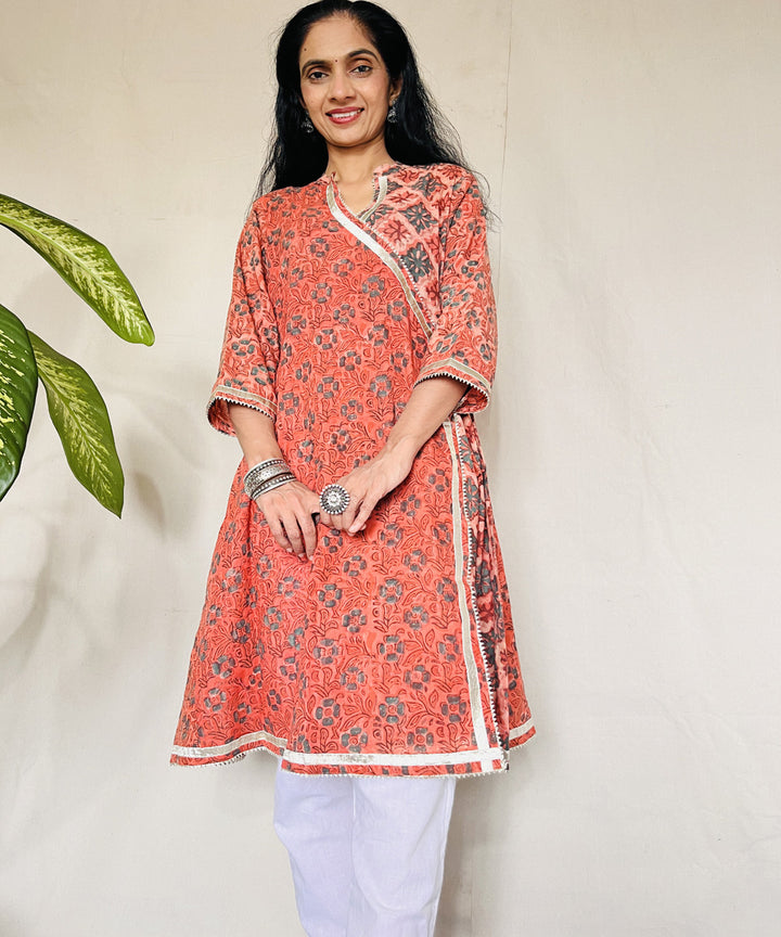 Rust ajrakh dabo hand block printed cotton kurti