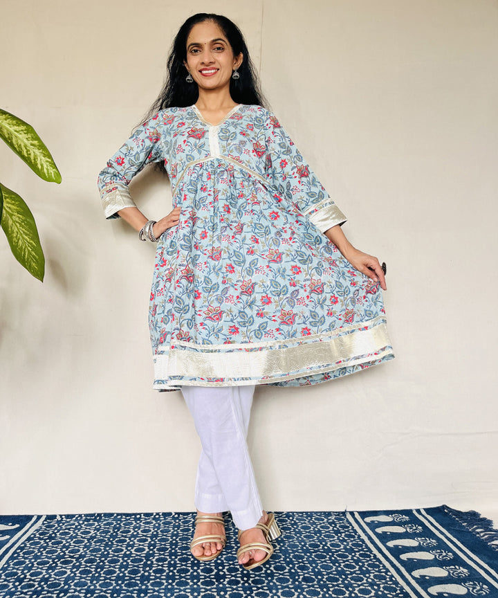 Blue red floral sanganeri hand block printed cotton kurti