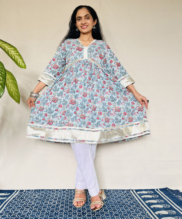 Blue red floral sanganeri hand block printed cotton kurti