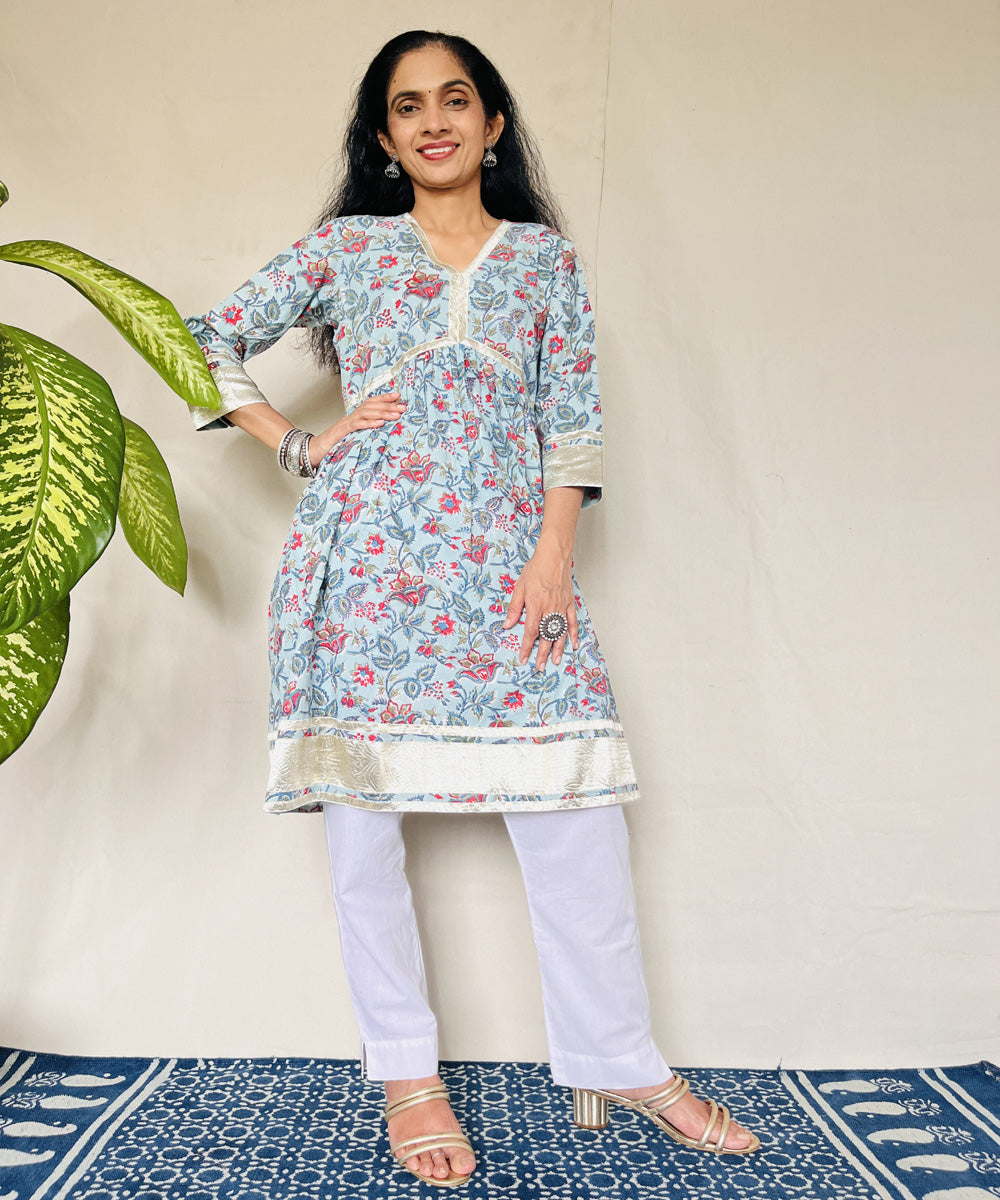 Blue red floral sanganeri hand block printed cotton kurti