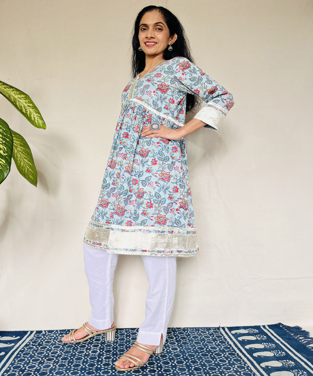 Blue red floral sanganeri hand block printed cotton kurti