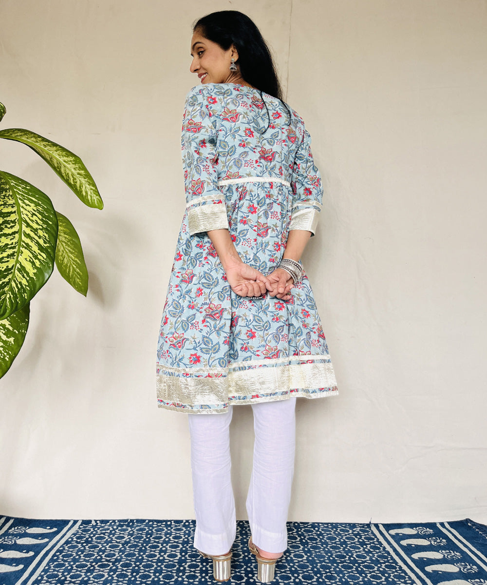 Blue red floral sanganeri hand block printed cotton kurti