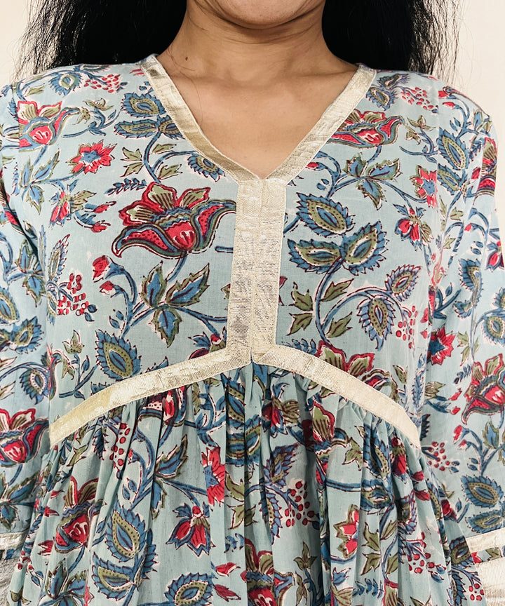 Blue red floral sanganeri hand block printed cotton kurti