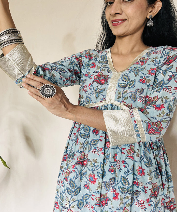 Blue red floral sanganeri hand block printed cotton kurti