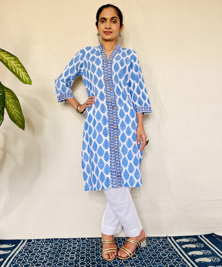 Blue hand block printed strait cut cotton kurti