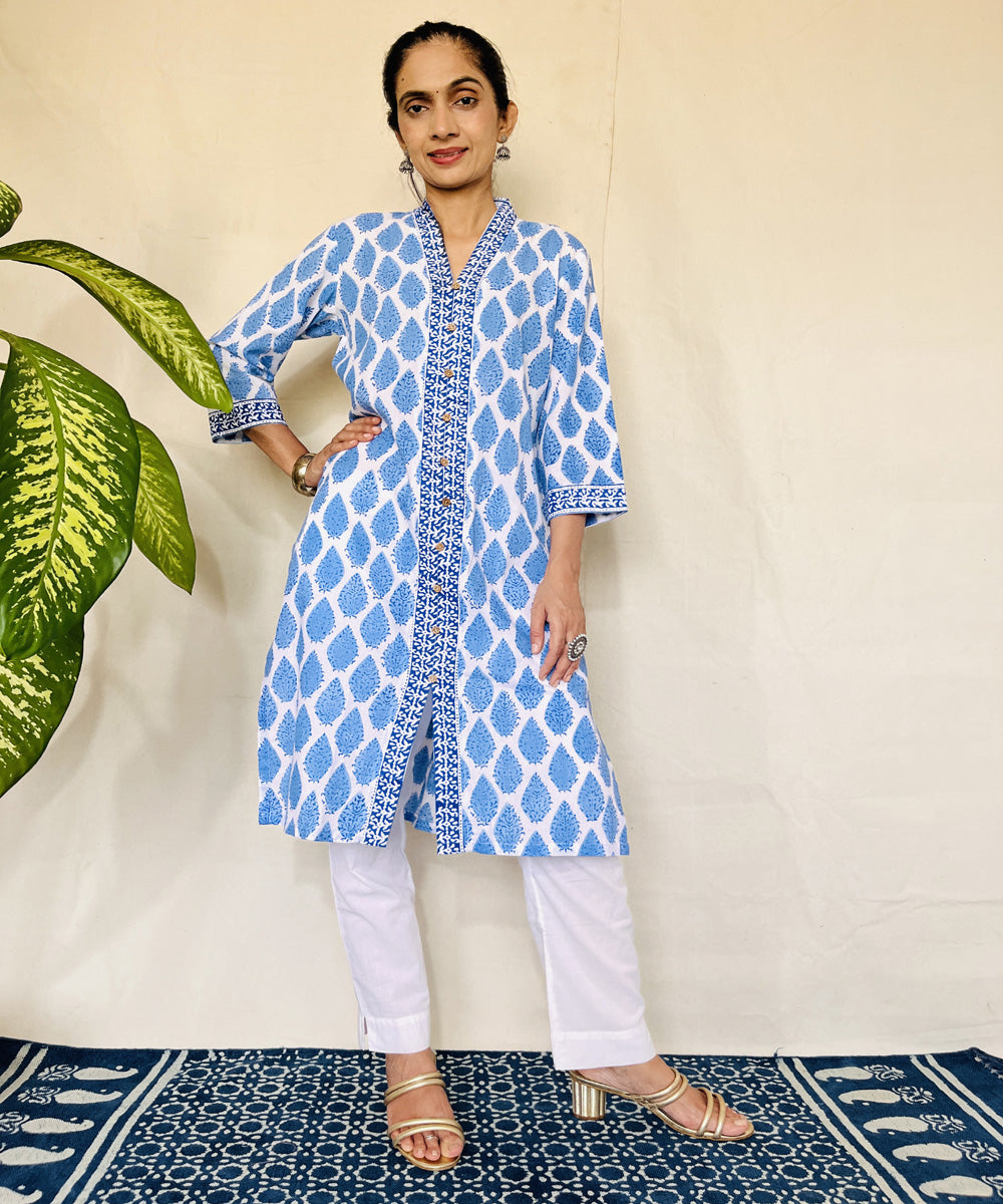 Blue hand block printed strait cut cotton kurti