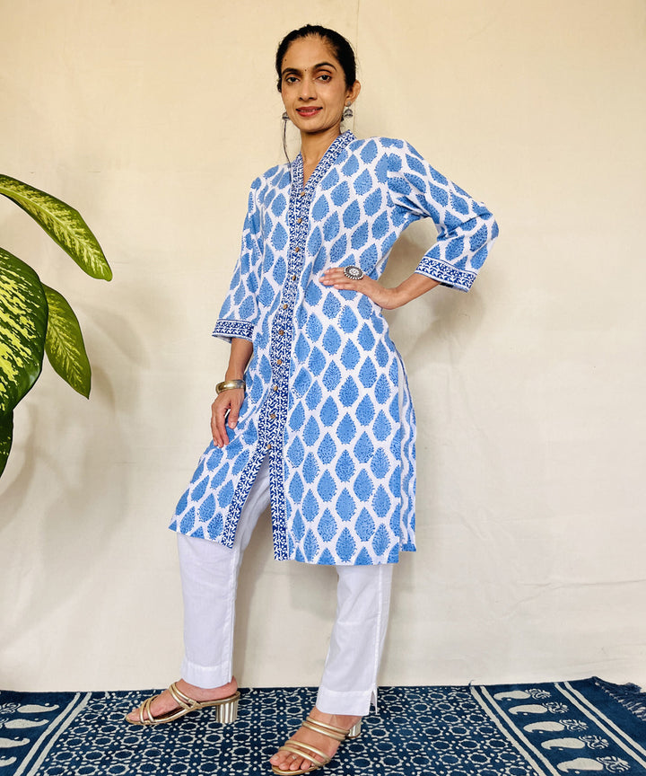 Blue hand block printed strait cut cotton kurti