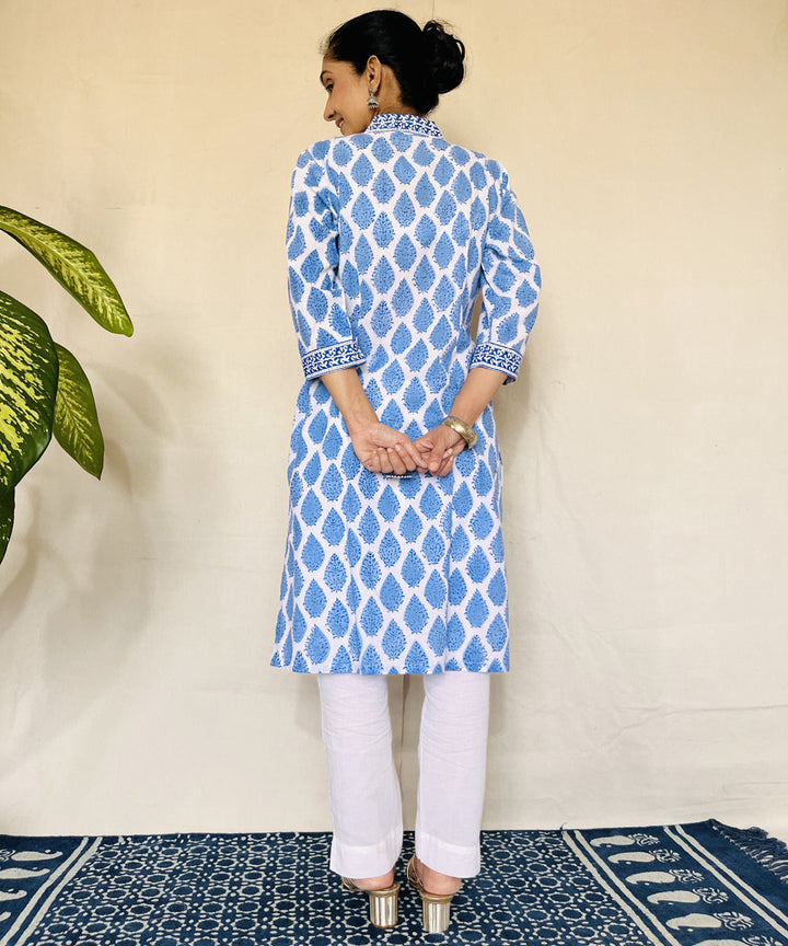 Blue hand block printed strait cut cotton kurti