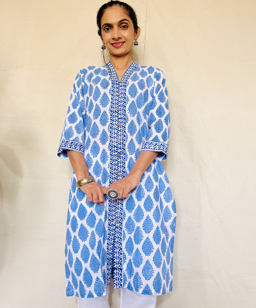 Blue hand block printed strait cut cotton kurti