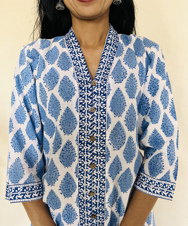 Blue hand block printed strait cut cotton kurti