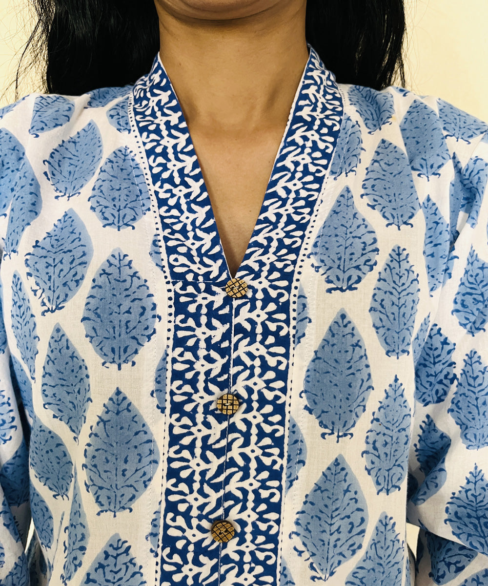 Blue hand block printed strait cut cotton kurti