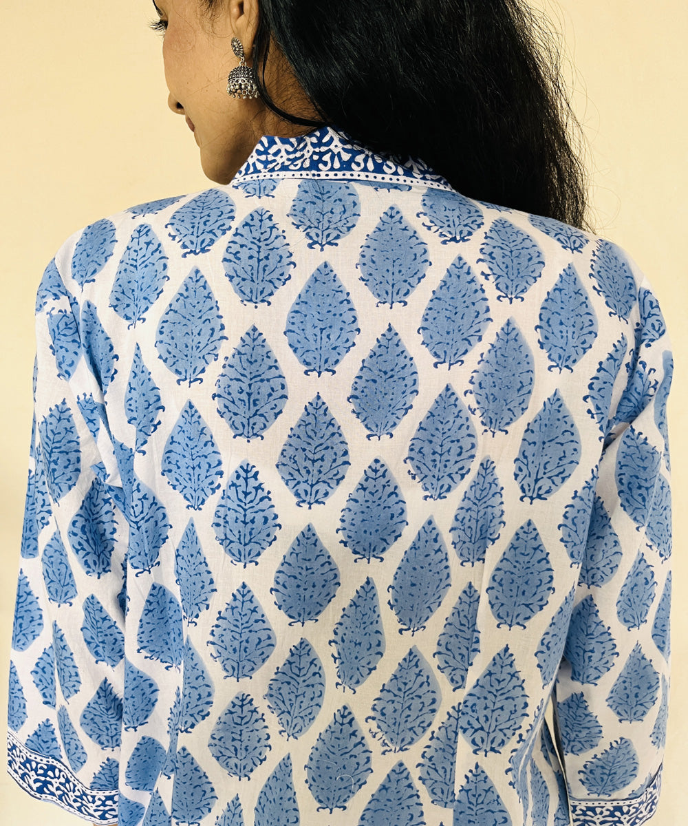 Blue hand block printed strait cut cotton kurti