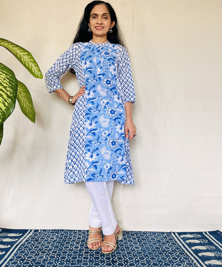 Blue dabu hand block printed cotton kurti