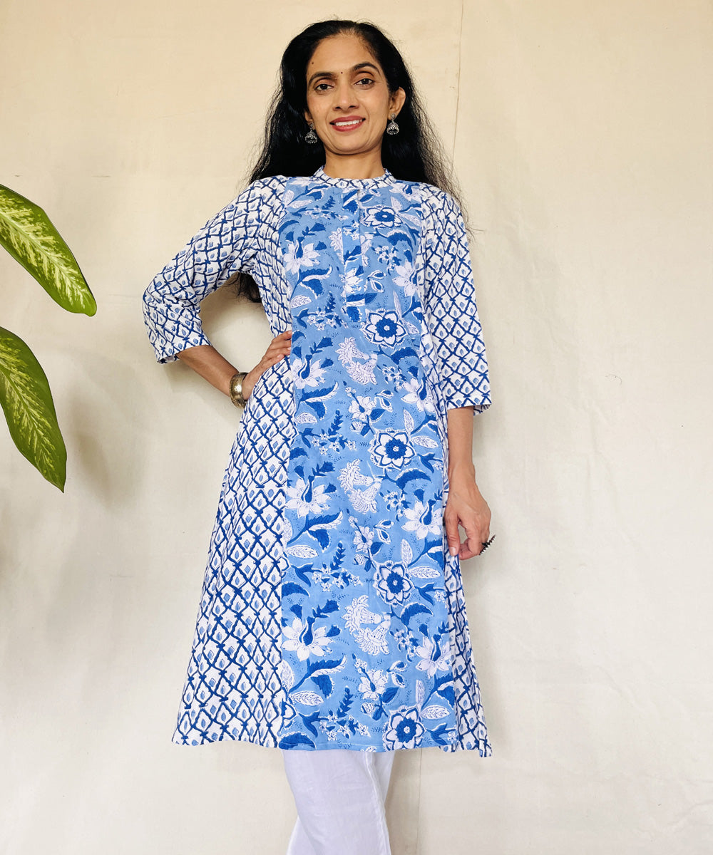 Blue dabu hand block printed cotton kurti